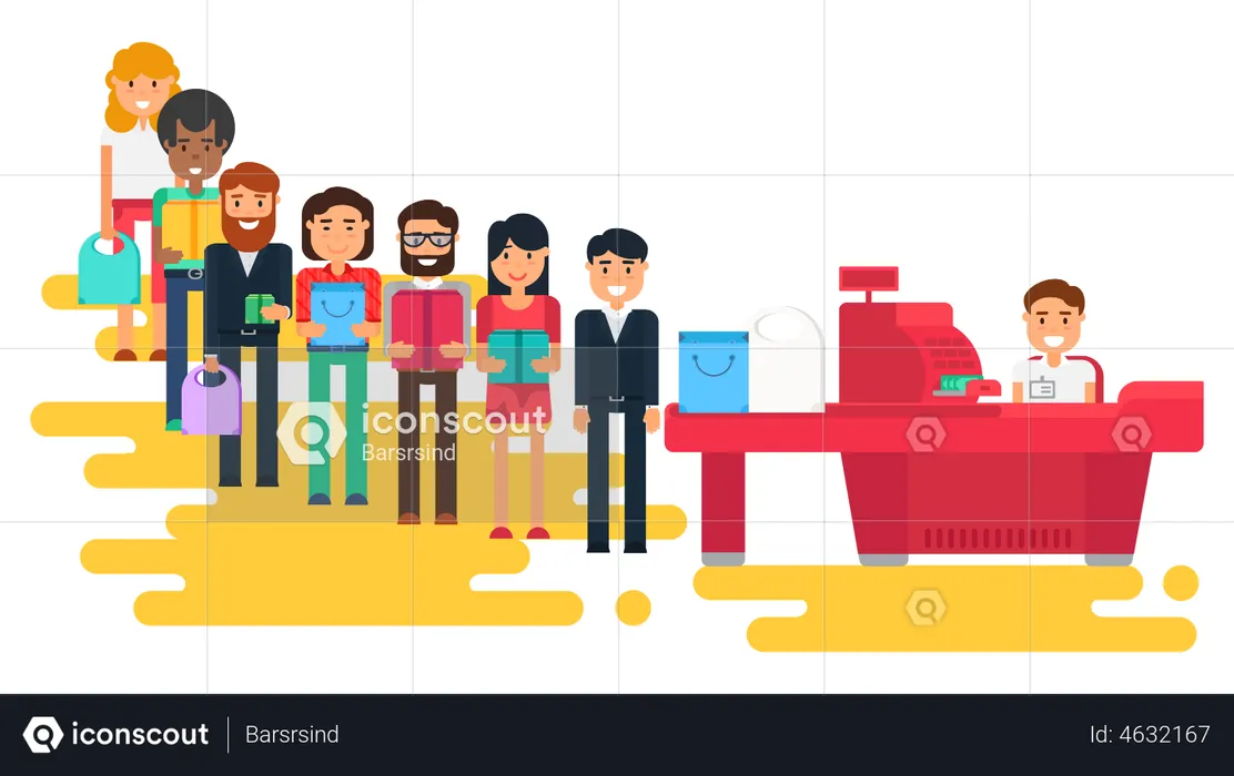 People standing in queue at Market checkout counter  Illustration