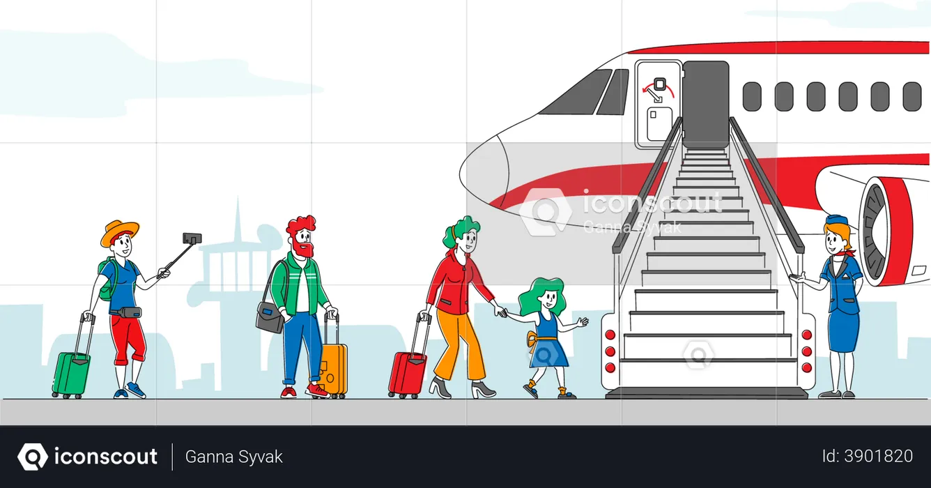 People standing in queue for boarding on an aeroplane  Illustration