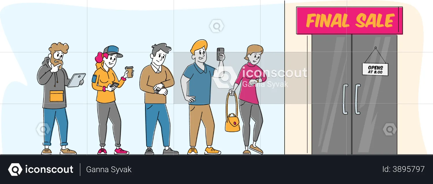 People standing in queue for sale shopping  Illustration