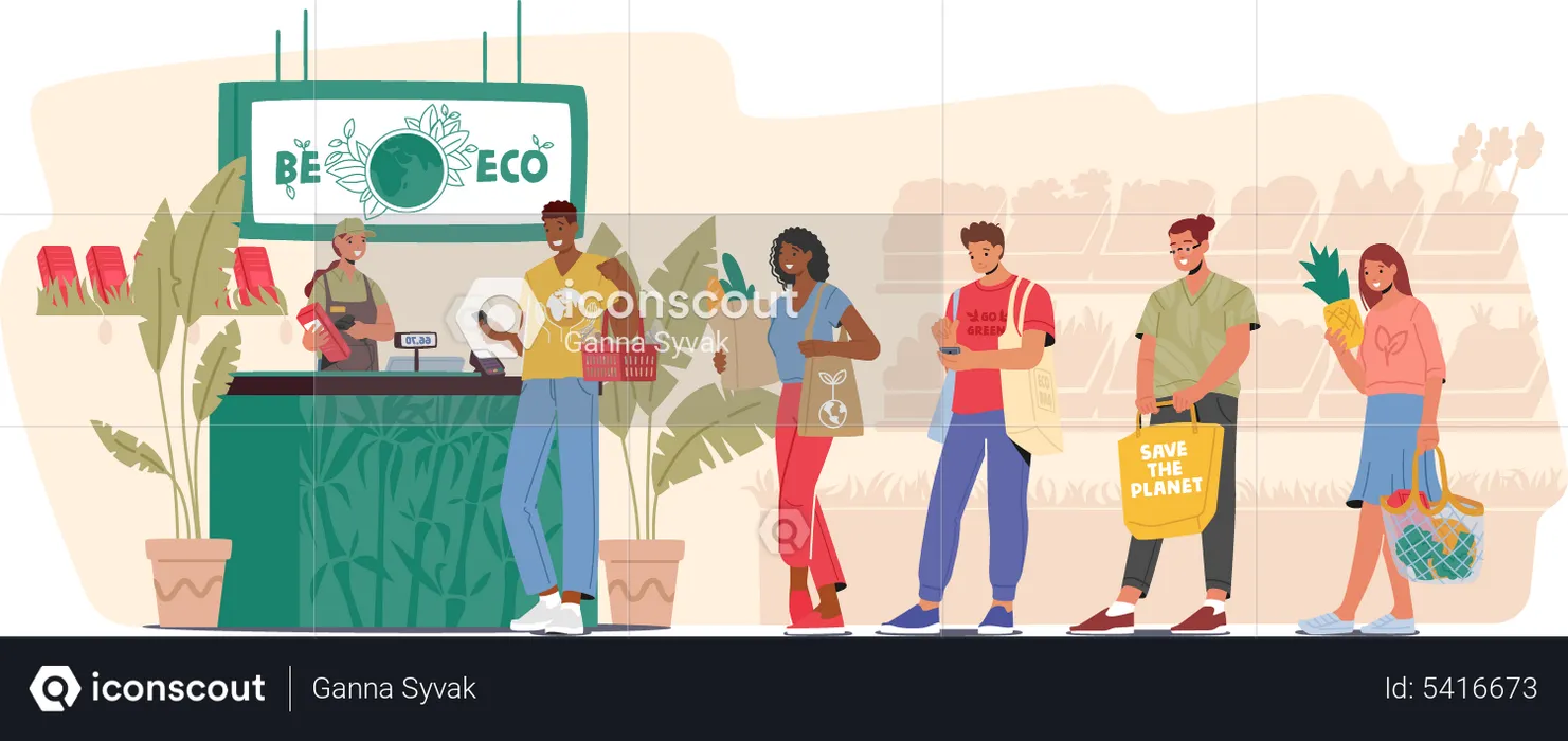 People standing in queue while holding reusable packaging  Illustration