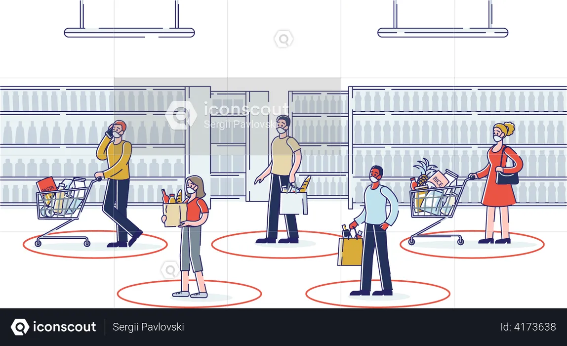 People standing in social distancing manner during pandemic  Illustration