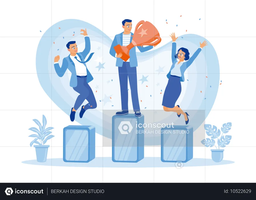 People standing on podium and Jump into air to celebrate victory  Illustration