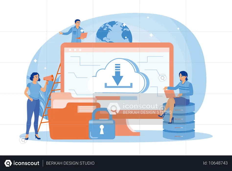 人々はクラウドサーバーにデータを保存し、コンピュータに情報データをアップロードする  イラスト