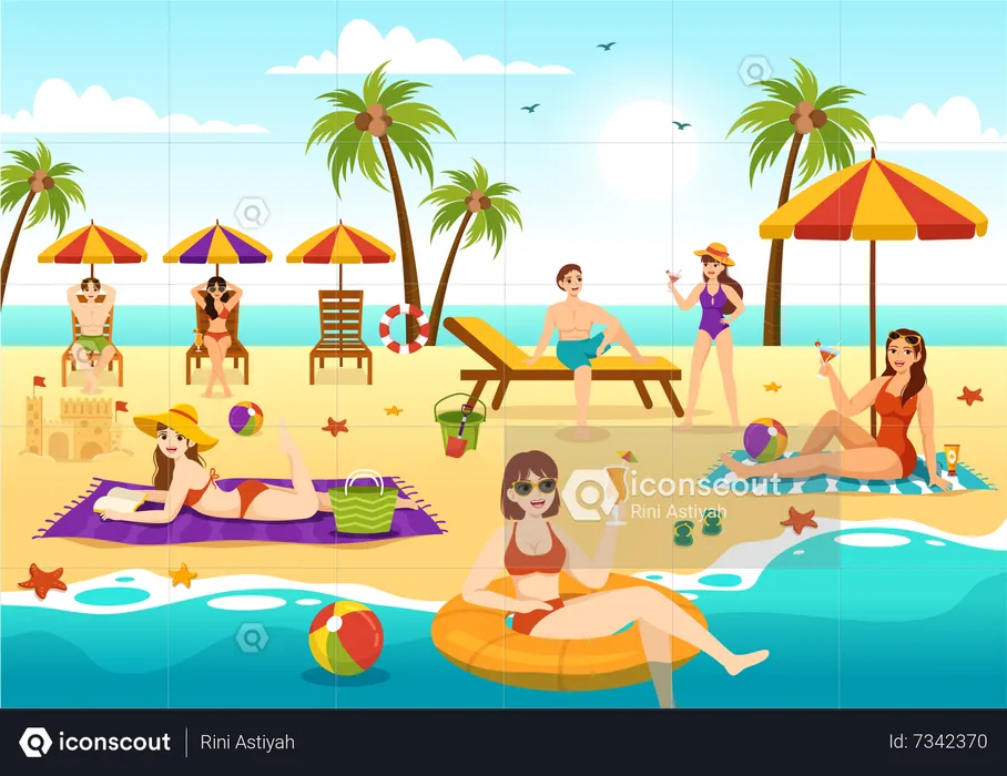 People Sunbathing At Beach  Illustration