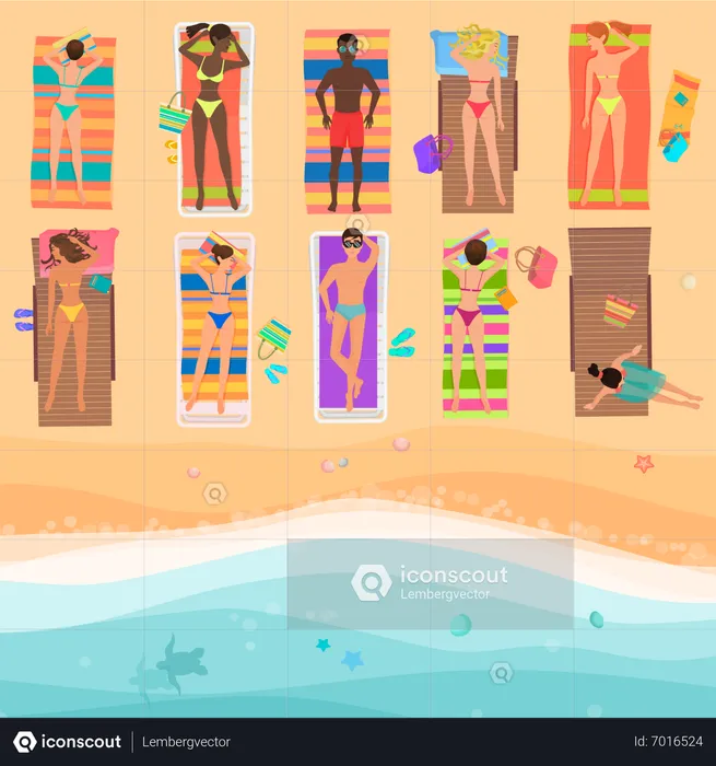 People sunbathing at beach  Illustration