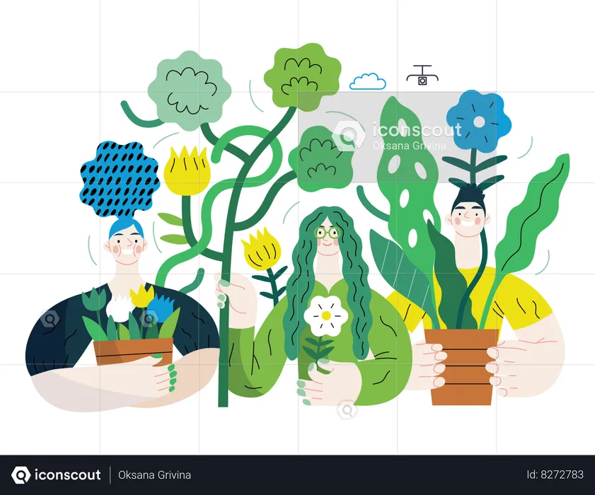 People surrounded by plants and flowers  Illustration