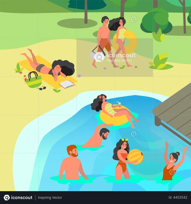 People swimming at beach  Illustration