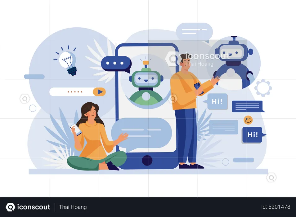 People talk with chatbot robots in smartphone app  Illustration