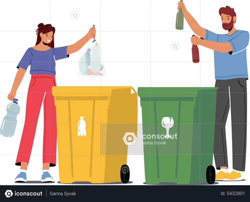 People Throw Garbage to Recycle Bins  Illustration