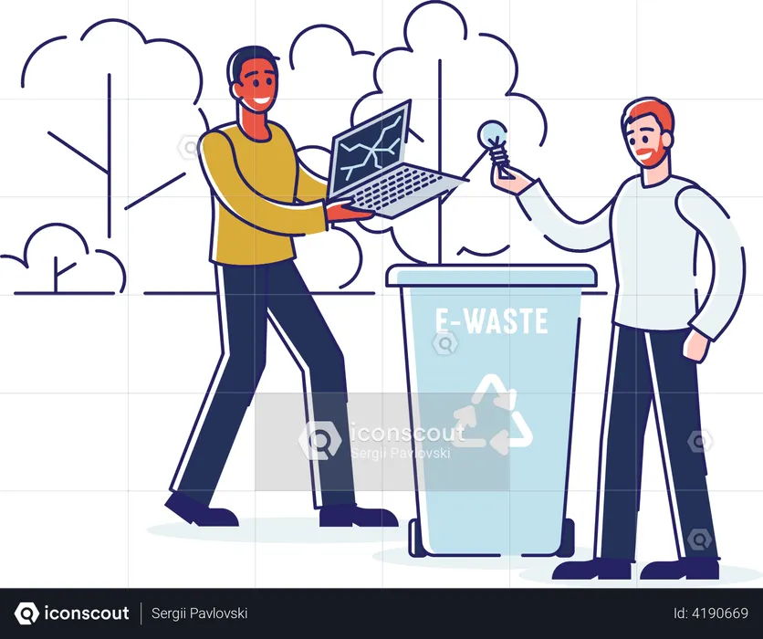 People Throwing E Waste Into Recycle Bin  Illustration