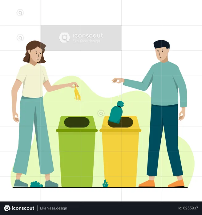 People throwing waste into different bins  Illustration