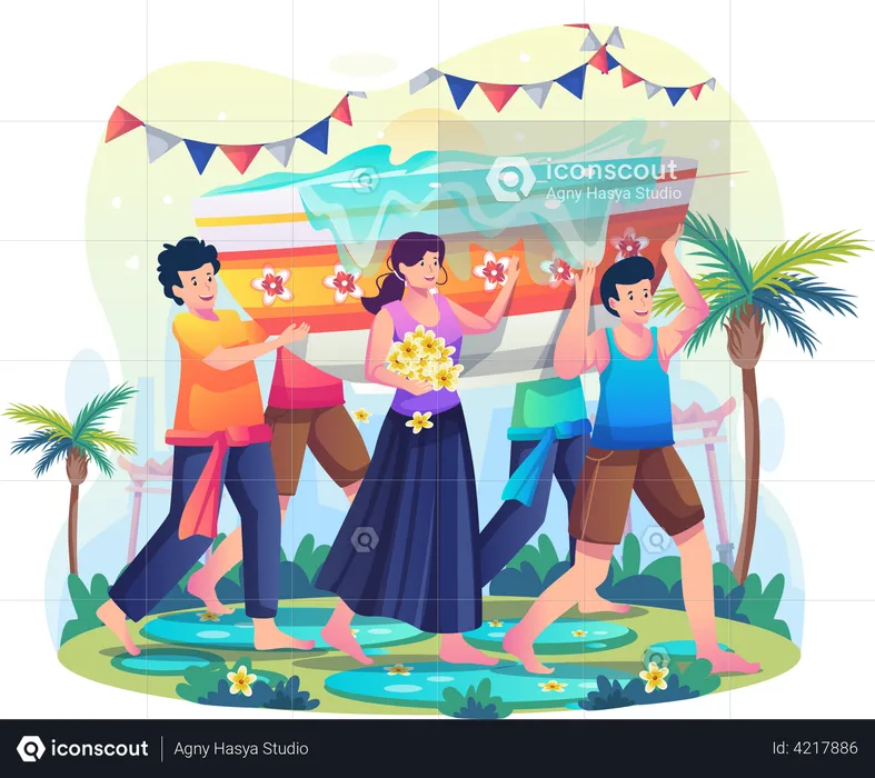 People together carrying  giant bowls of water to celebrate Songkran Day  Illustration