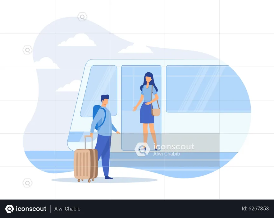 People Travelling In Public Transport Mono Rail Train  Illustration