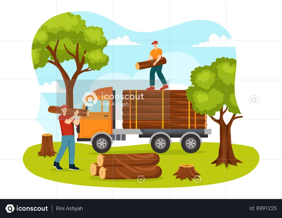 People Tree Cutting and Timber with Truck  Illustration