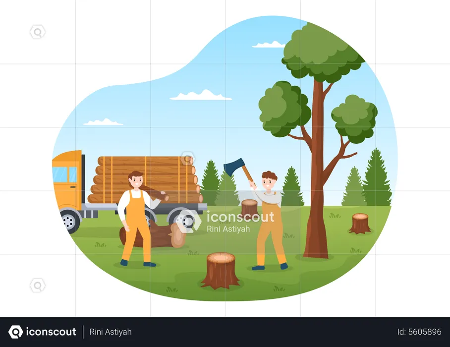 People Tree Cutting and Timber with Truck  Illustration