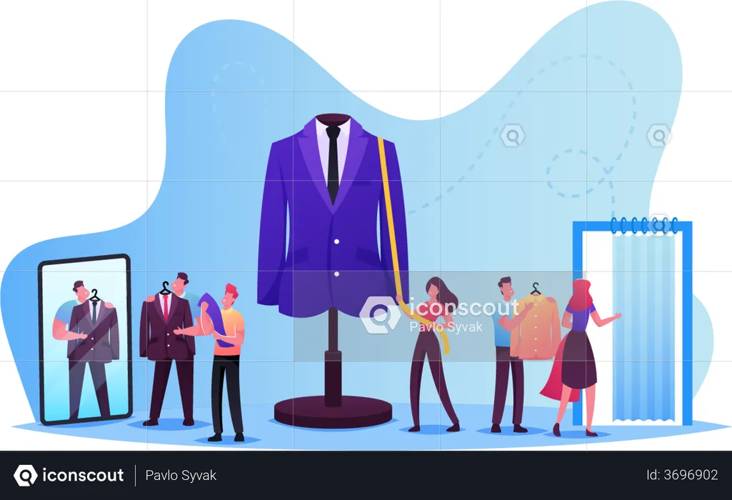 People trying and buying designer clothes  Illustration