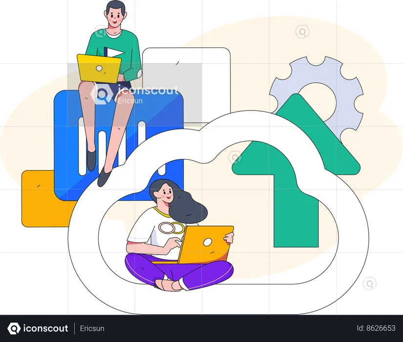 People upload data on cloud  Illustration