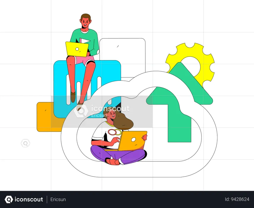 People upload data on cloud  Illustration