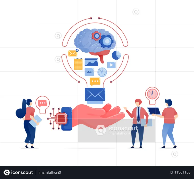 People Using AI and Chip-Powered Machines to Process Data and Spark Ideas  Illustration