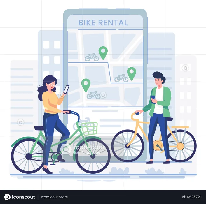 People using bike rental service app  Illustration