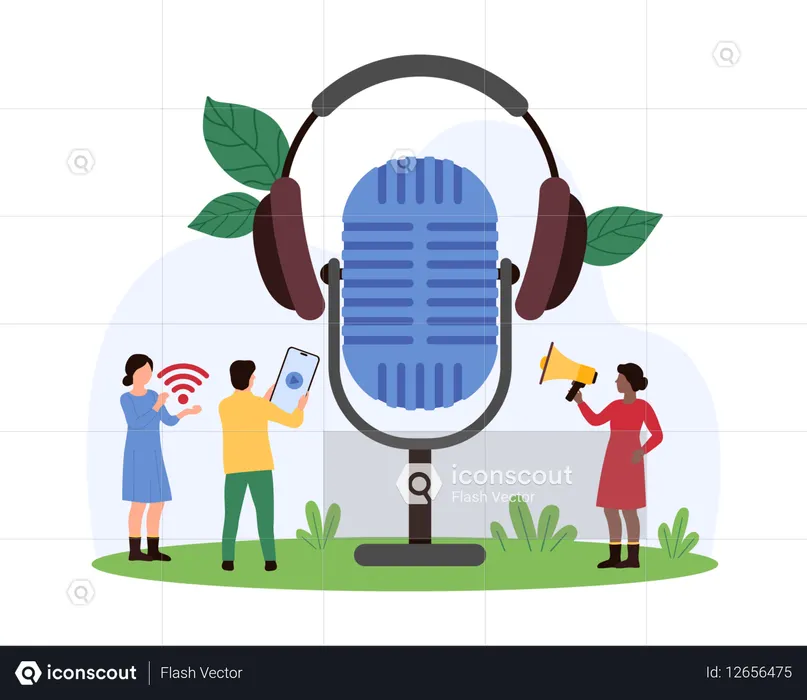 People using microphone and headphone to record audio  Illustration
