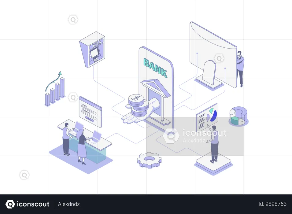 People using mobile banking transfer money and getting cash in atm  Illustration