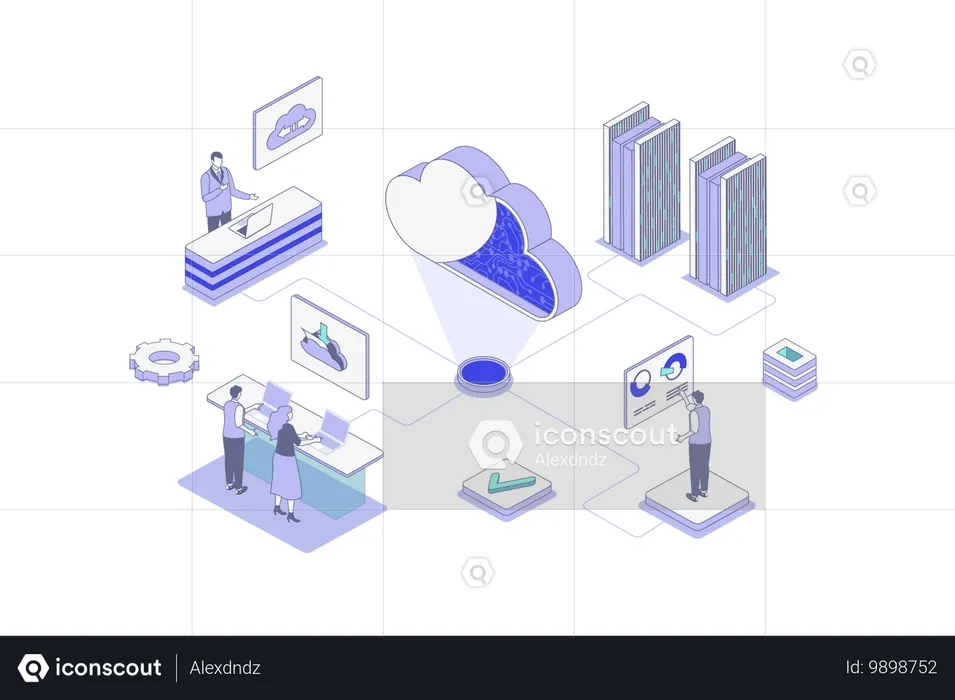 People using online data storage platform and uploading files and computing with secure access to server  Illustration