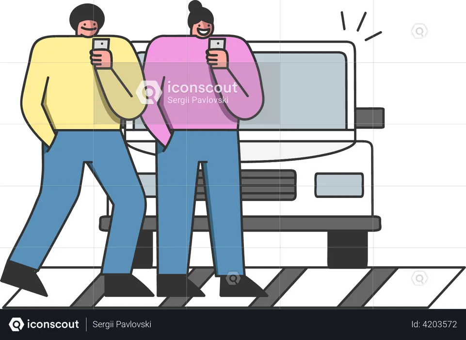 People using smartphones crossing street on zebra not noticing car  Illustration