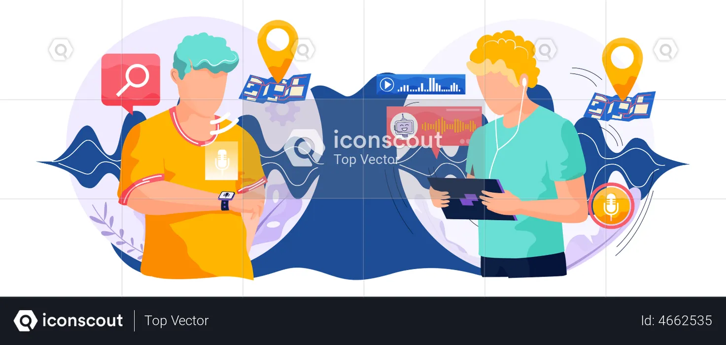 People using voice powered virtual assistant  Illustration