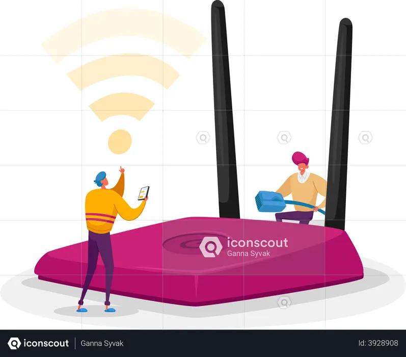 People using wireless router  Illustration