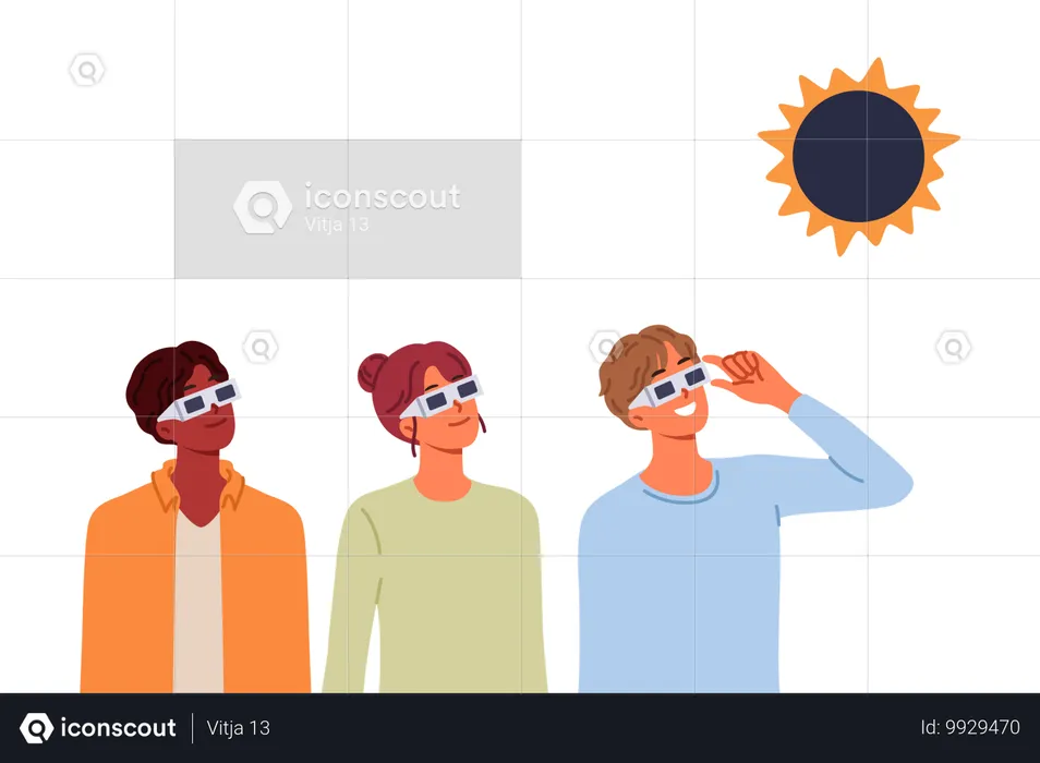 사람들은 희귀한 천문 현상을 관찰하기 위해 일회용 안경을 사용하여 일식을 관찰합니다.  일러스트레이션