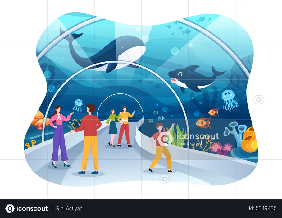 People view whale at fish aquarium  Illustration