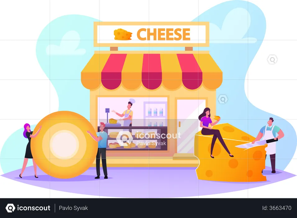 People Visiting Cheese Shop  Illustration