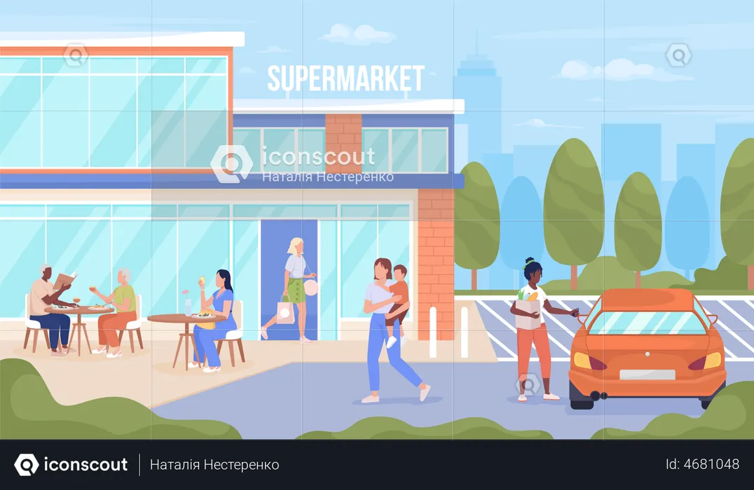 People visiting urban supermarket  Illustration