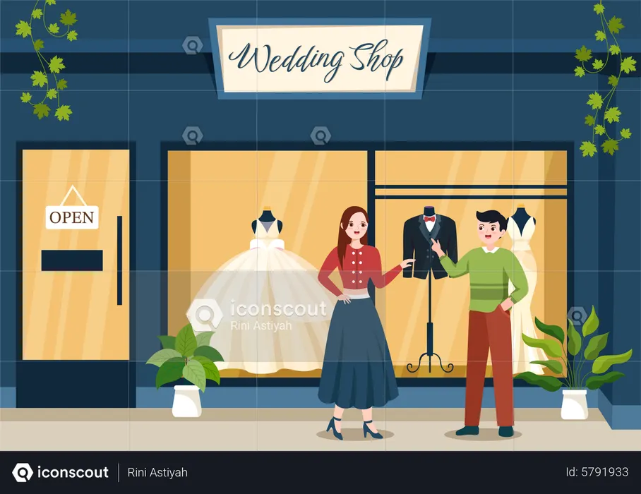 People visiting Wedding Shop  Illustration