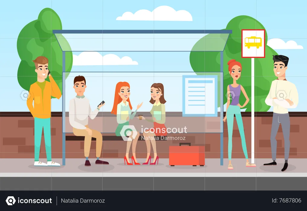 People waiting for bus at bus stop  Illustration