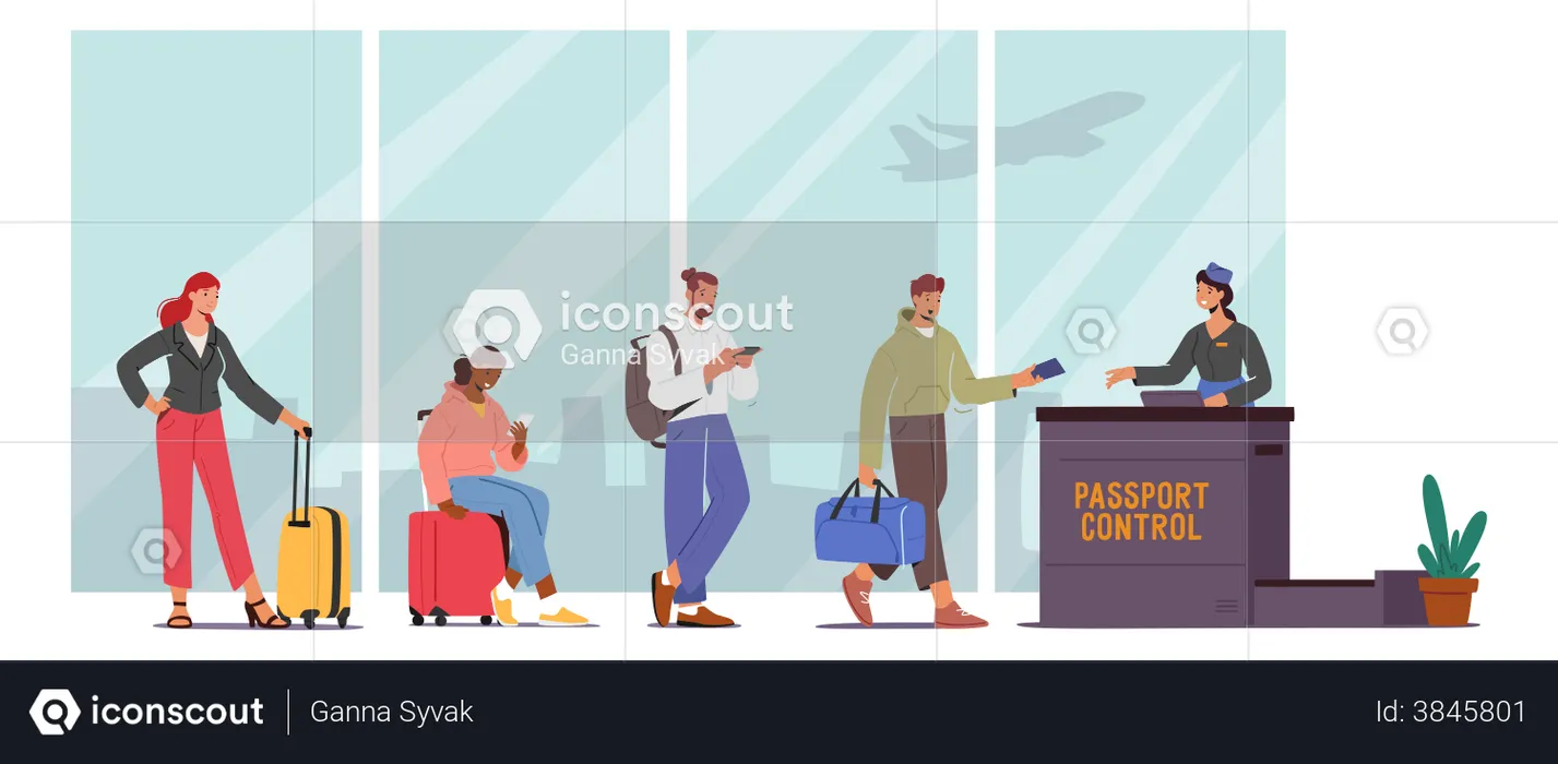 People waiting to get on airplane  Illustration