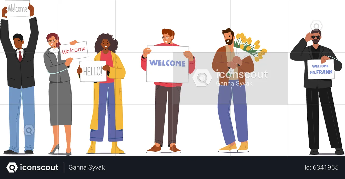People waiting with name boards  Illustration