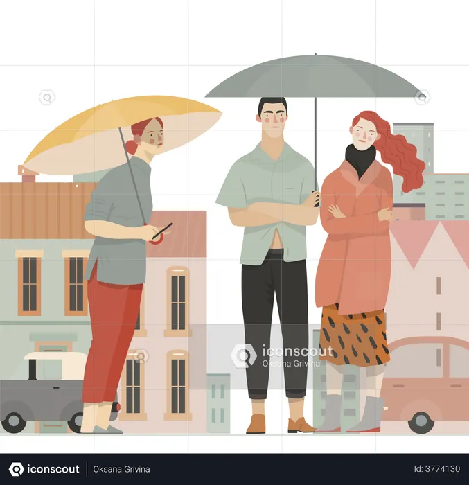 People walking in rain holding umbrella  Illustration