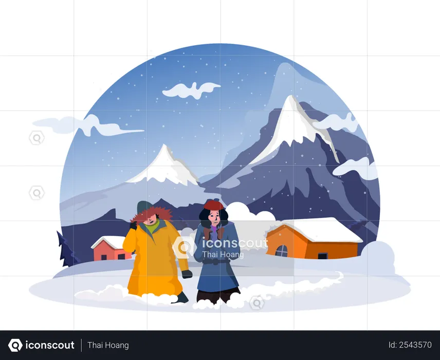 People walking in snow  Illustration