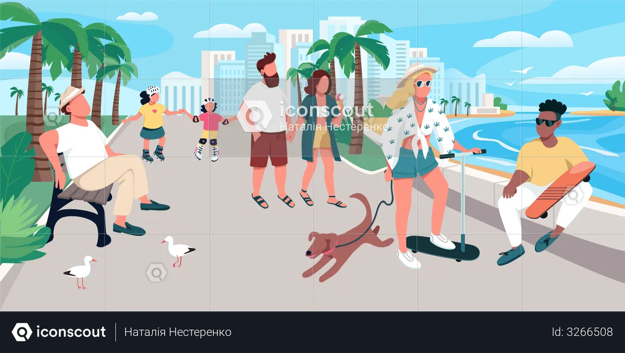 People walking on resort town street  Illustration
