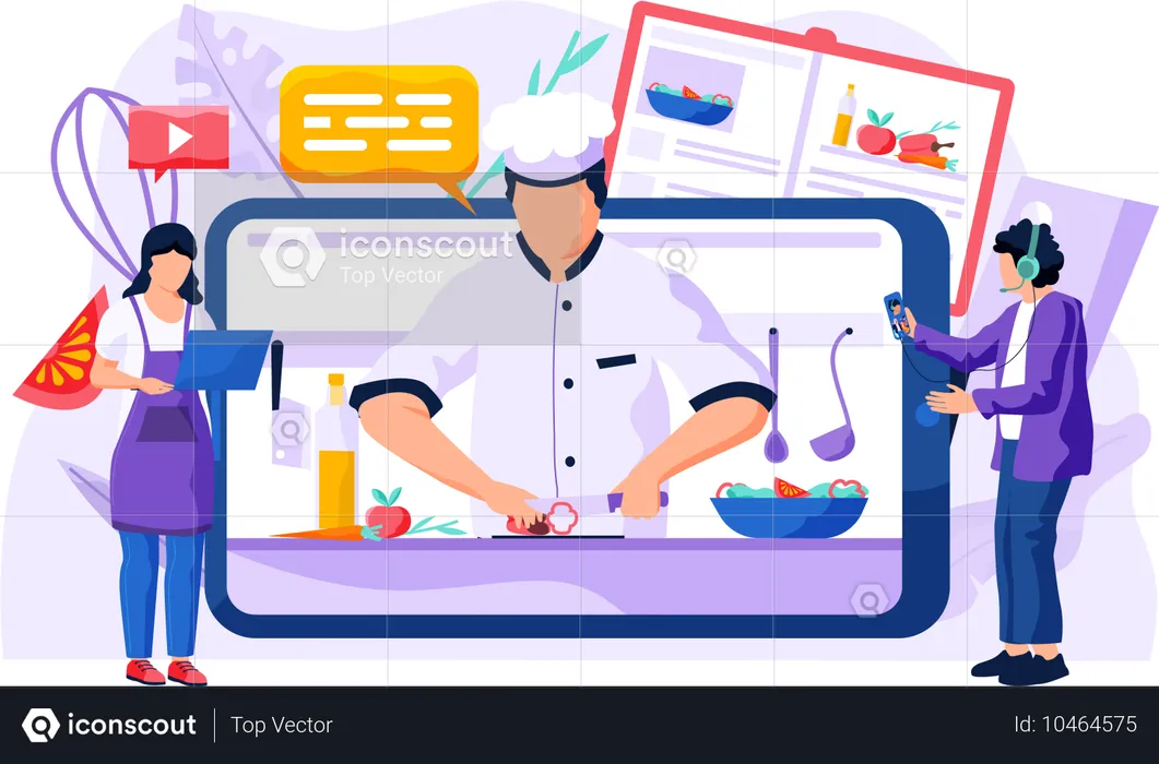 People watching cooking video on laptop and phone  Illustration