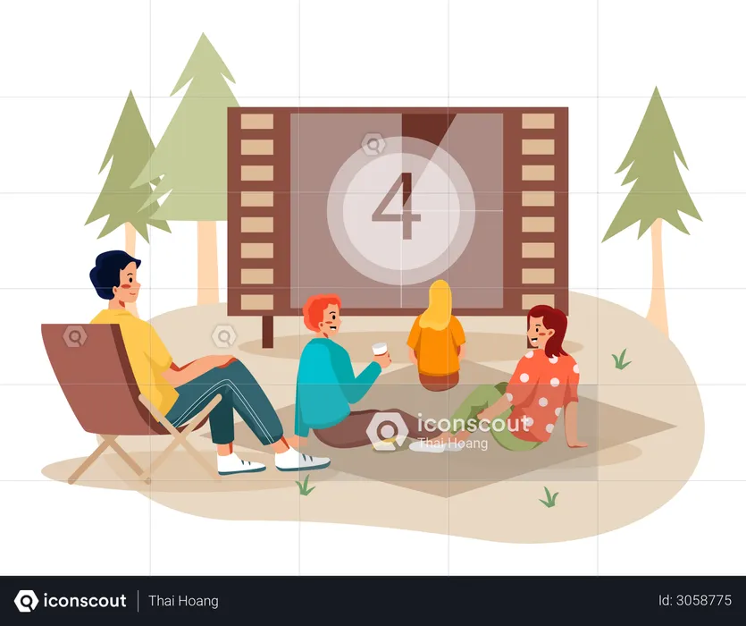 People watching movie on picnic  Illustration