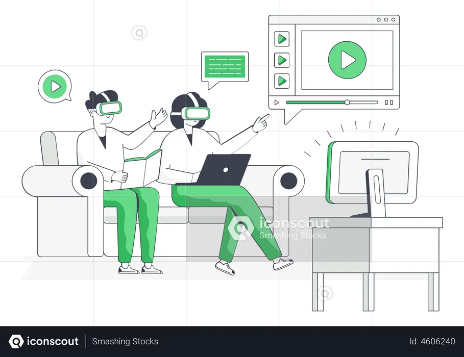 People watching video using VR goggles  Illustration