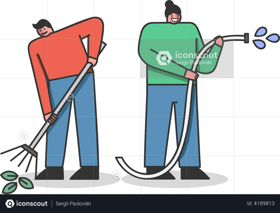 People Watering Plants With Hose and Raking Leaves  Illustration