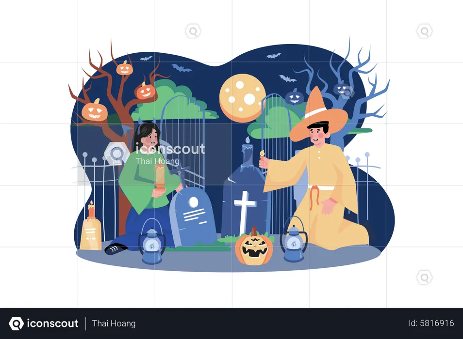 People Wearing Costume Near Graveyard  Illustration