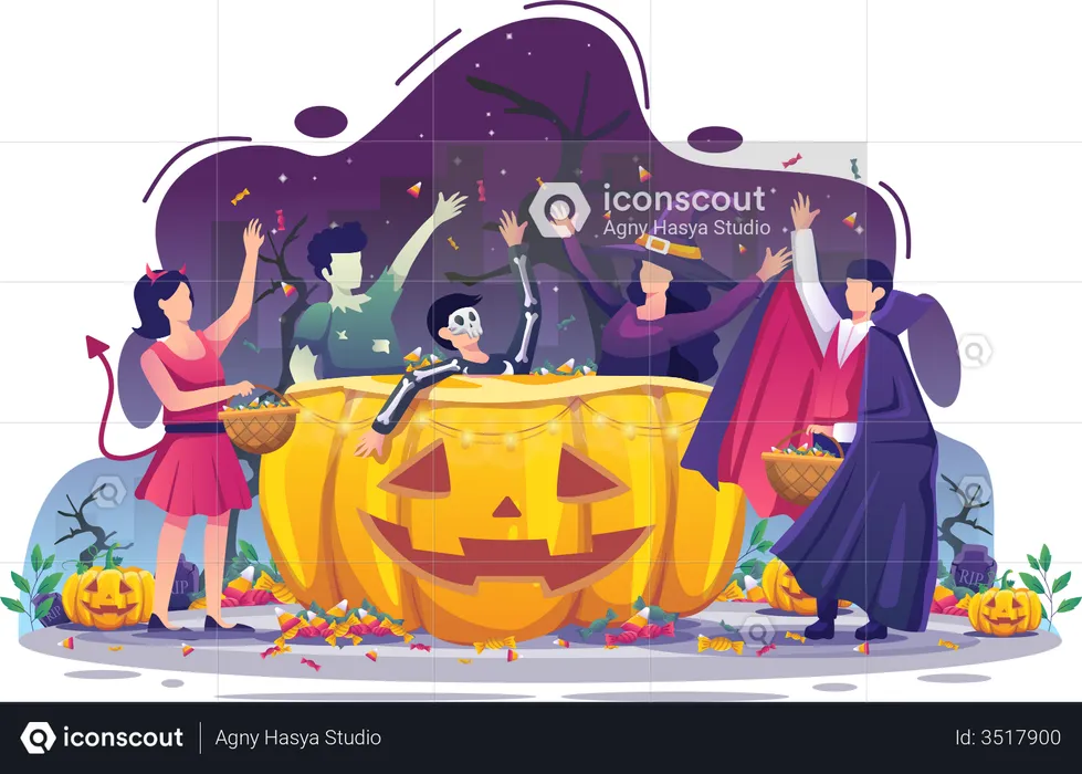 People wearing Halloween costumes are collecting candy on Halloween night  Illustration