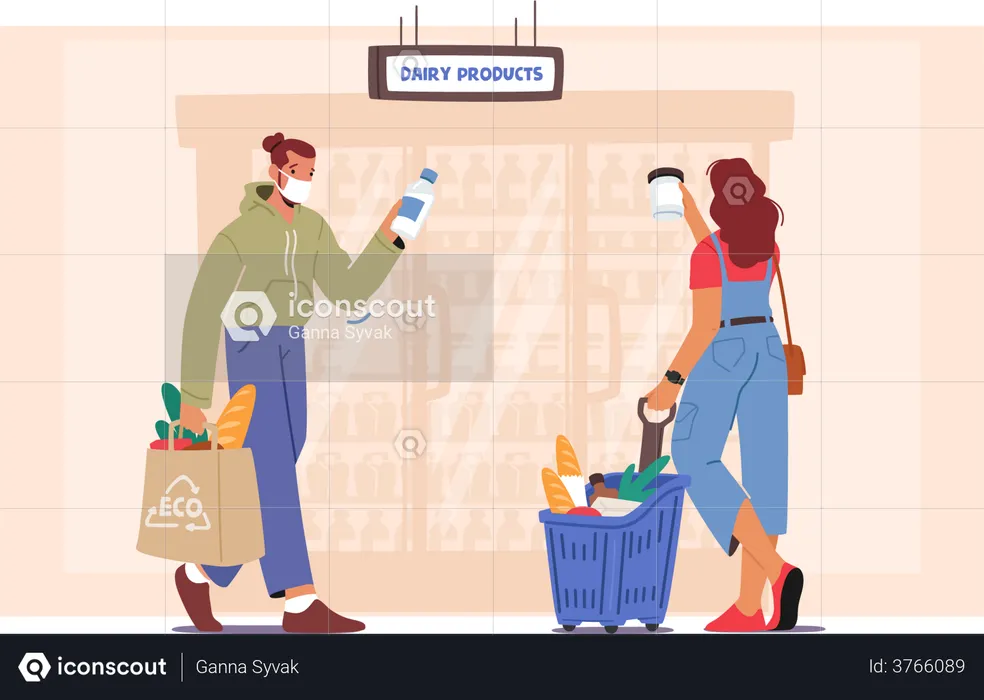 People wearing mask and shopping dairy products during covid breakout  Illustration