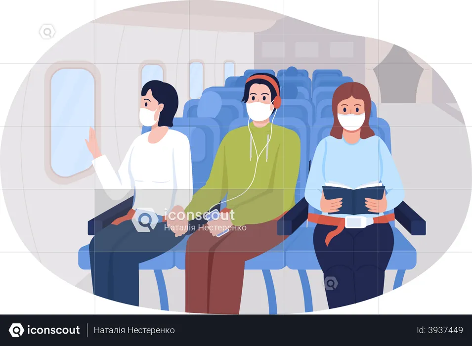 People wearing mask inside aeroplane  Illustration