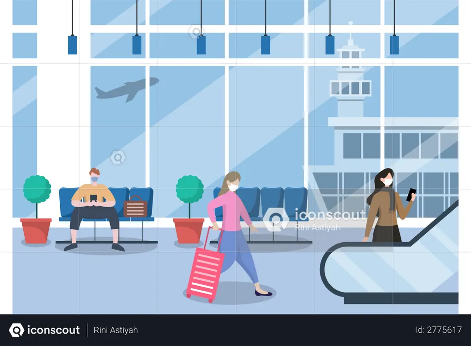 People Wearing Masks Standing at the Airport  Illustration